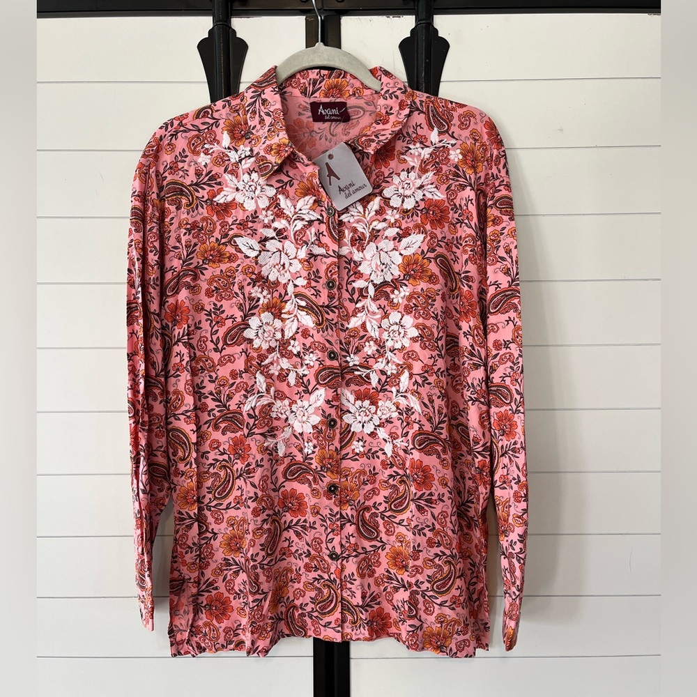 NWT Floral Embroidered Button Down Pink Coral Paisley Small Grandmacore Spring